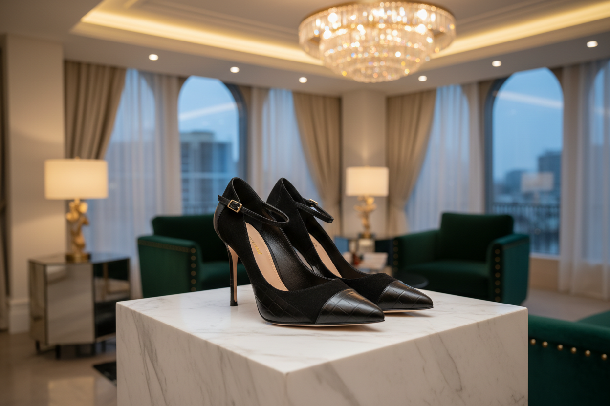 create an image of unbranded designer shoes in a luxury place
